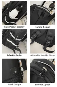 Detailed close-up showing reflective strips, side pockets and durable metal zippers of backpack