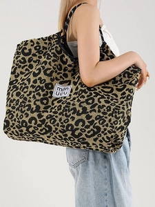 Vintage Leopard Print Large Capacity Tote Bag Women Fashion Canvas Shoulder Bag Commute Handbag With Woven Rope Handles
