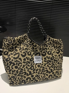Vintage leopard print tote bag with large capacity and stylish woven texture straps