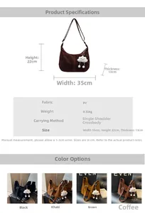 Detail view of large corduroy tote bag showing size specs and cloud plush pendant accessory