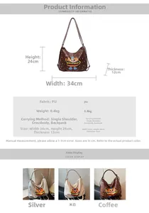 Detailed spec chart of cartoon burger tote backpack in silver, beige, and brown PU leather
