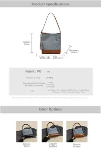 Detailed size chart for bucket bag showing dimensions and materials in denim texture