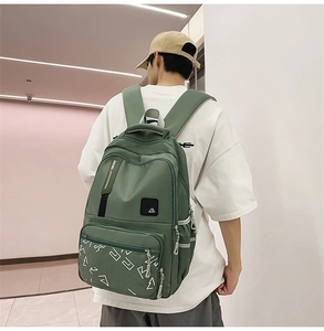 Detailed back view of a dark green nylon backpack with white geometric prints