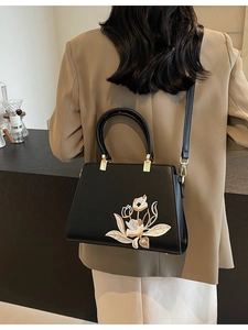 Women Chinese Style Floral Embroidery PU Leather Handbag Retro Elegant Large Capacity Crossbody Shoulder Bag With Bear Charm