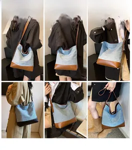 Detail shots of a large denim bucket bag with leather patchwork in various styling poses