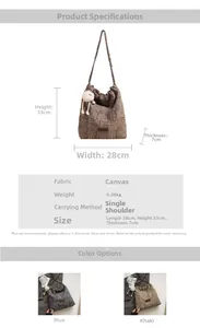 Detailed size chart of the canvas tote bag showing dimensions 28x33x7cm and chain strap
