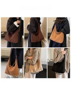 Collage of large suede tote bags in various retro colors shown on a model for daily use
