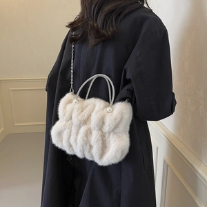 Dames Nepbont Geplooide Wolkentas Strass Parel Handvat Elegante Crossbodytas Pluche Handtas Herfst Winter Cadeau