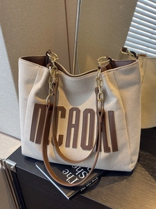 Women Large Capacity Canvas Tote Bag With Leather Trim Letter Print Shoulder Bag Casual Commuting School Handbag