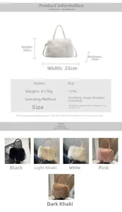 Detailed size chart and dimensions of the plush faux fur shoulder bag for women