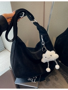 Black corduroy large hobo tote bag with adjustable strap and plush cloud charm
