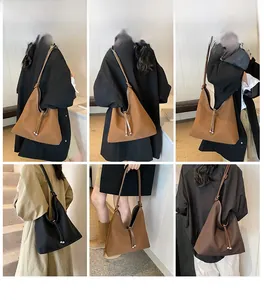 Detailed views of high-capacity leather tote bag in caramel, black and brown colors