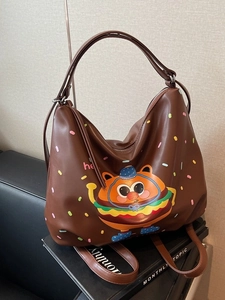 Cute Cartoon Burger Cat Pattern PU Leather Backpack Fashion Large Capacity Tote Shoulder Bag For Women Casual Daily Travel Handbag