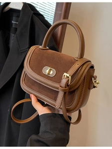 Retro brown suede and leather patchwork handbag with gold clasp and top handle for women