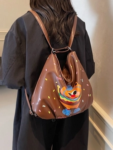 Fashionable brown cartoon hamburger backpack for women featuring durable PU leather material
