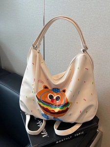 Chic cream-colored hobo backpack with cartoon burger print and multi-functional straps
