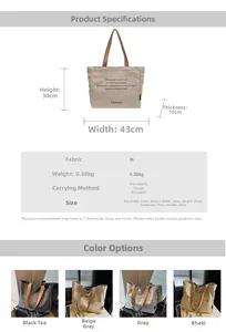 Detailed size chart for large tote bag showing 43cm width and material specifications