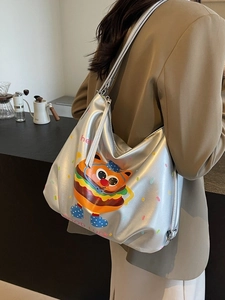 Metallic silver burger pattern tote bag featuring large capacity and cartoon prints