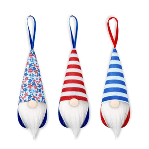 Detailed view of three Patriotic Independence Day gnomes with stars and stripes patterns