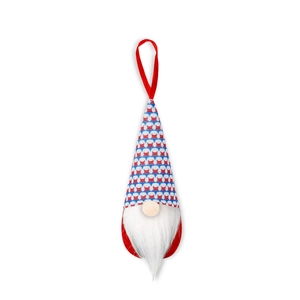 Close-up of Independence Day gnome hanging ornament with red white blue patterned hat