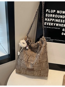 Fashion striped canvas hobo bag with chain strap and plush ball pendant for women