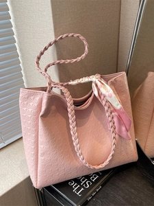 Pink star-embossed tote bag with cherry scarf and woven handle for stylish daily commute