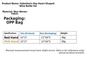 Size chart table for Valentine's gnome wine bottle covers showing dimensions and weight