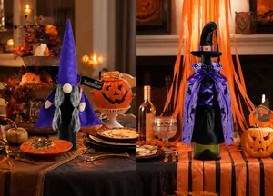 Detail view of purple gnome and black witch cloak wine bottle covers for Halloween decor