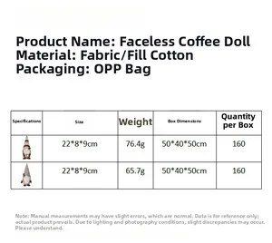 Detailed size specifications and weight information for the coffee gnome faceless dolls