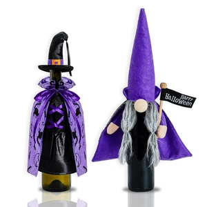 Halloween wine bottle covers set with witch cloak hat and gnome for party decoration
