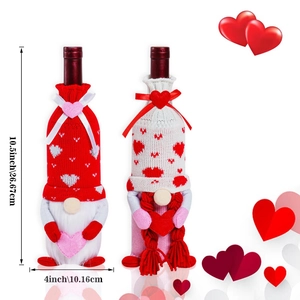 Valentine's Day gnome wine bottle covers set with red hearts and knitted fabric details