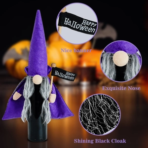 Detail view of Halloween gnome wine bottle cover with purple hat and web pattern cloak