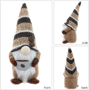 Front, side, and back views of a coffee-themed plush gnome with striped hat and cup
