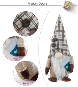 Detail showing coffee gnome featuring a lattice hat with beans and heart cup