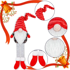 Detail view of knit gnome texture, long white beard, and festive holly decorations