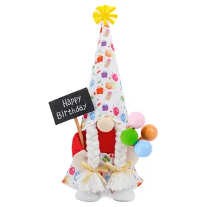 Detail of a birthday gnome plush holding a Happy Birthday sign and colorful balloons
