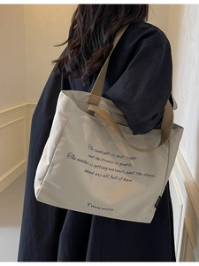 Women Large Capacity Canvas Tote Bag Minimalist Letter Print Zipper Shoulder Handbag For School Commute Travel Casual