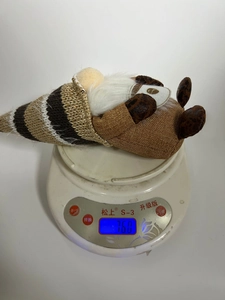 Weight measurement detail showing the plush coffee gnome doll on a scale at 76.0g
