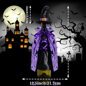Halloween black witch hat and purple cape bottle cover set with bats and cat patterns