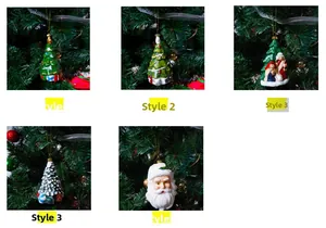 Dettagli di ciondoli glitterati per albero di Natale e Babbo Natale appesi su rami