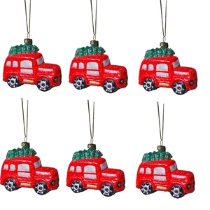 Set van 6 rode vintage auto kersthangers met kerstboom en glitter afwerking