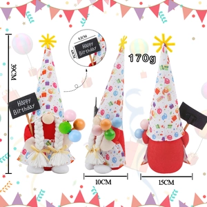 Birthday gnome plush with Happy Birthday sign and balloons shown from multiple angles