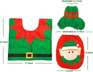 Dimensiones detalladas del juego de funda para inodoro y alfombra de elfo navideño