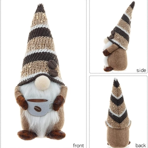Three-view layout of a coffee gnome plush with a striped hat and tiny coffee cup