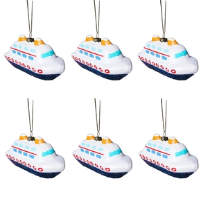 Set van zes cruiseschip kersthangers met blauwe romp en rode details voor decoratie