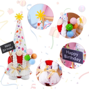 Birthday gnome plush with Happy Birthday sign and colorful balloon decorations