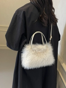 Elegant white faux fur handbag with shoulder strap for women, plush winter fashion bag