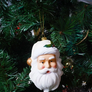 Adornos de cabeza de Papá Noel con purpurina blanca colgados en una rama de árbol de Navidad