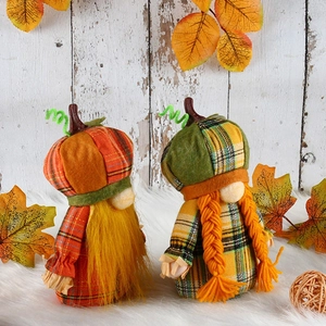 Fall harvest gnomes set with pumpkin hats for Thanksgiving home and window decoration