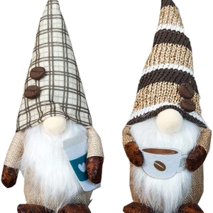 Pair of coffee-themed gnomes with plaid hats and mugs for home kitchen shelf decor